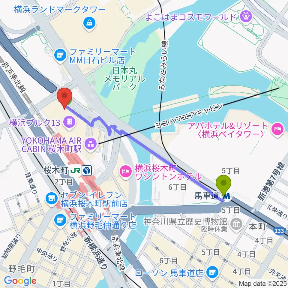 馬車道駅から横浜ブルク13へのルートマップ地図