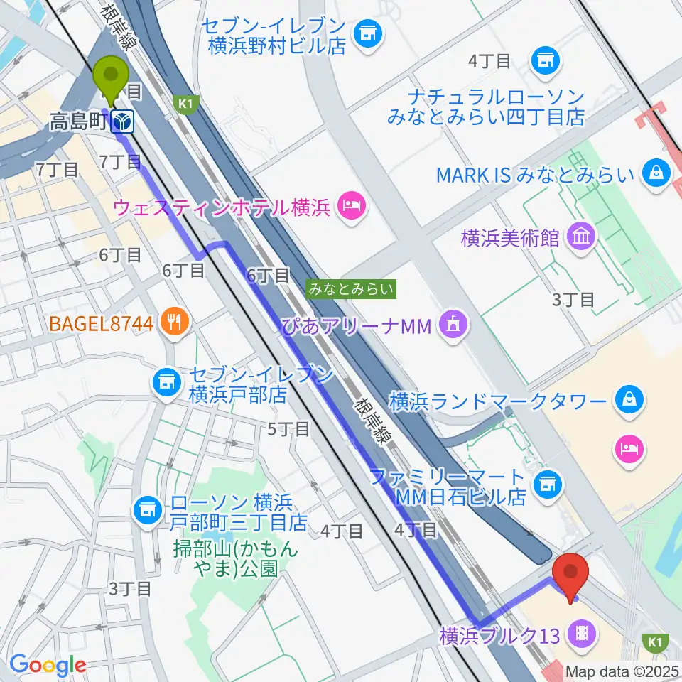 高島町駅から横浜ブルク13へのルートマップ地図