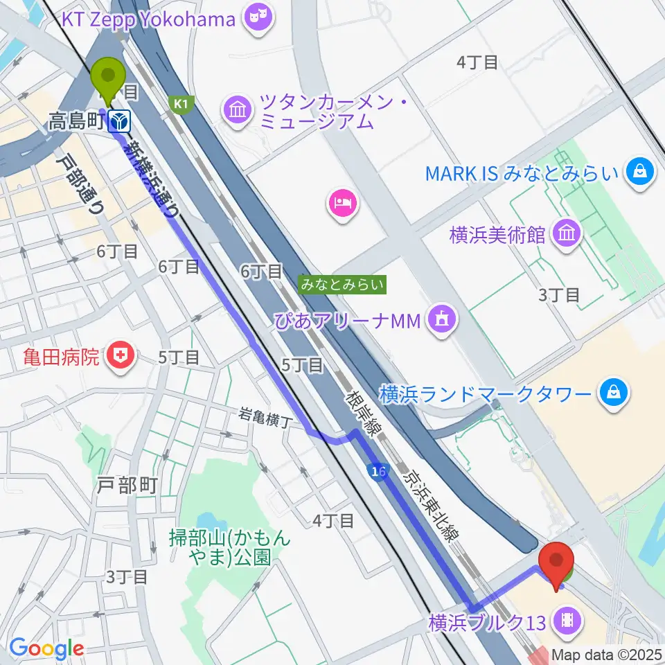 高島町駅から横浜ブルク13へのルートマップ地図
