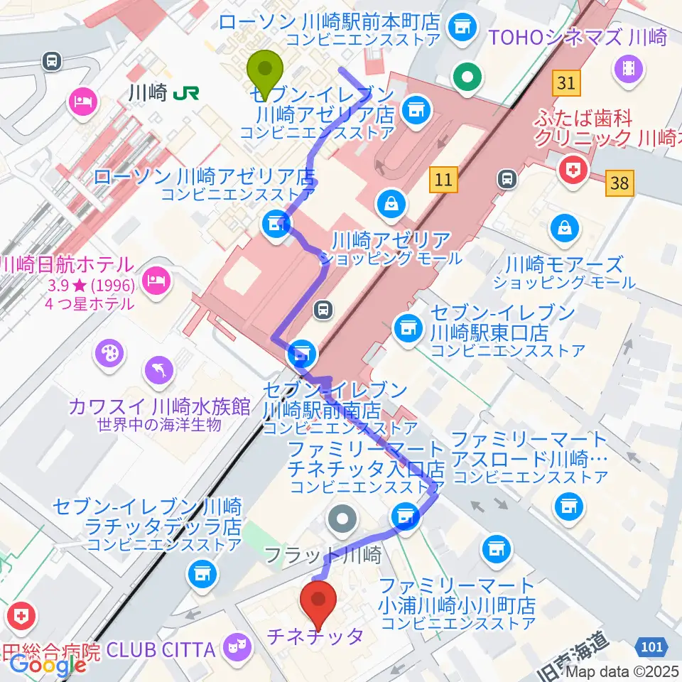 チネチッタの最寄駅川崎駅からの徒歩ルート（約6分）地図