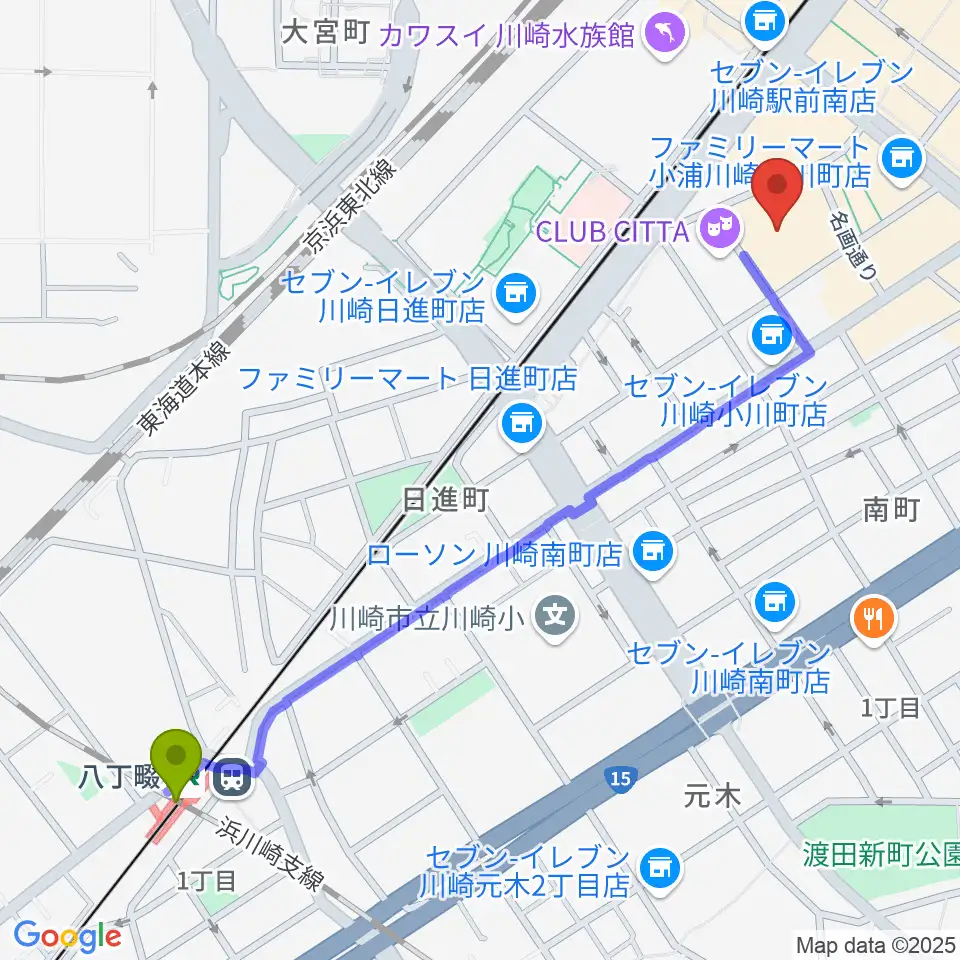 八丁畷駅からチネチッタへのルートマップ地図