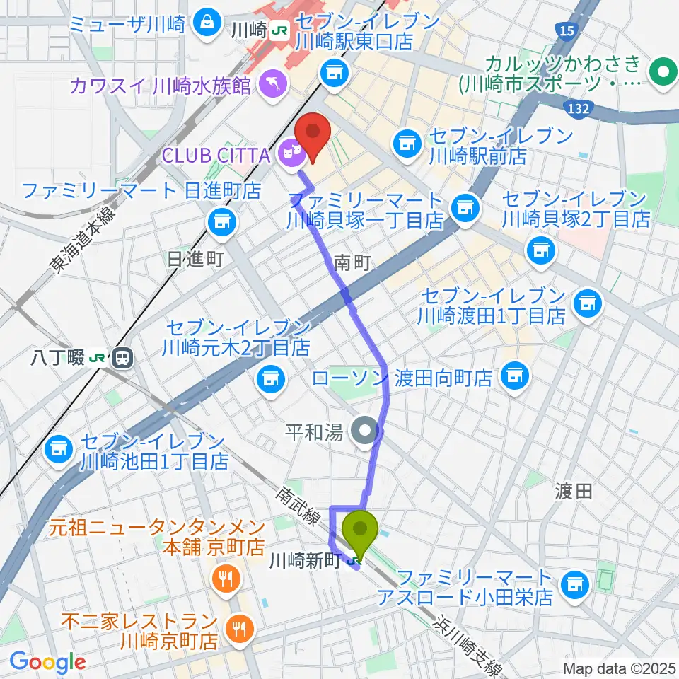川崎新町駅からチネチッタへのルートマップ地図