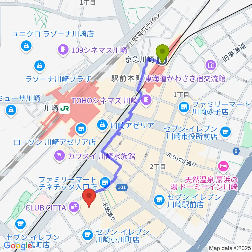 京急川崎駅からチネチッタへのルートマップ地図