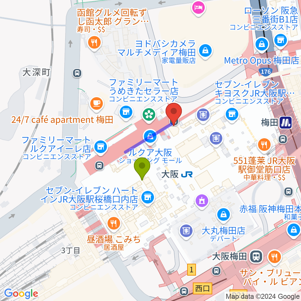 大阪ステーションシティシネマの最寄駅大阪駅からの徒歩ルート 約2分 Mdata