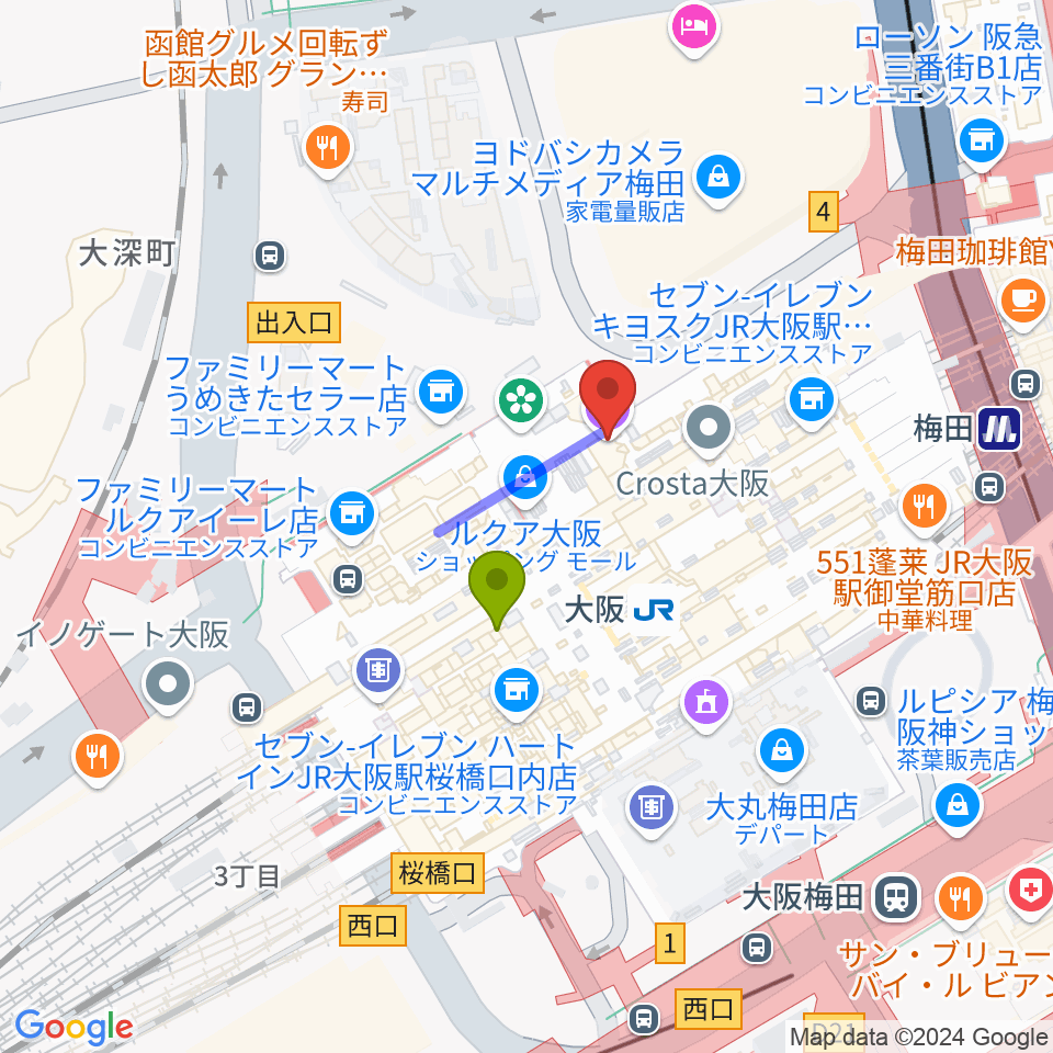 大阪ステーションシティシネマの最寄駅大阪駅からの徒歩ルート（約2分）地図