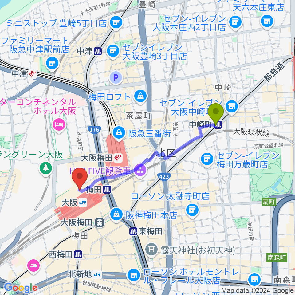 中崎町駅から大阪ステーションシティシネマへのルートマップ Mdata