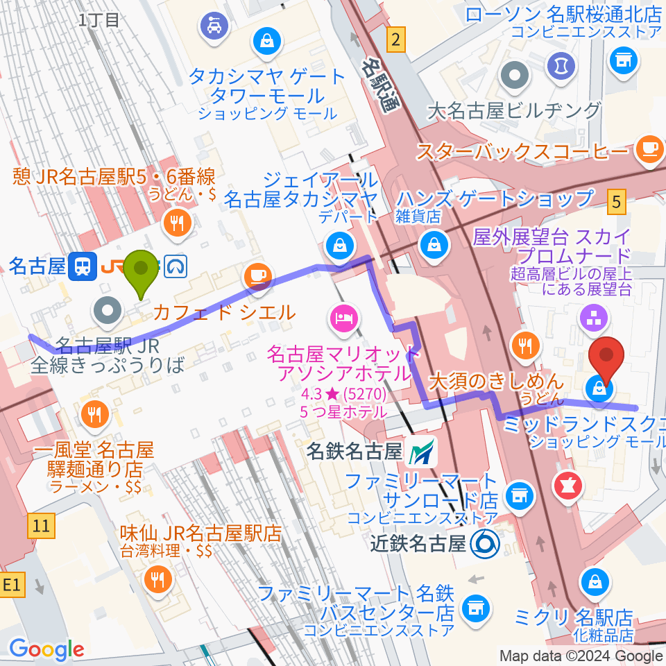 ミッドランドスクエアシネマの最寄駅名古屋駅からの徒歩ルート（約6分）地図