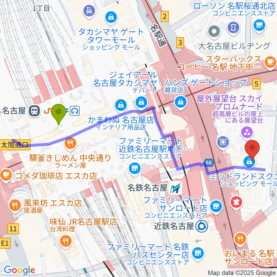 ミッドランドスクエアシネマの最寄駅名古屋駅からの徒歩ルート（約6分）地図