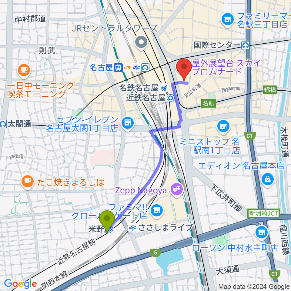 米野駅からミッドランドスクエアシネマへのルートマップ地図