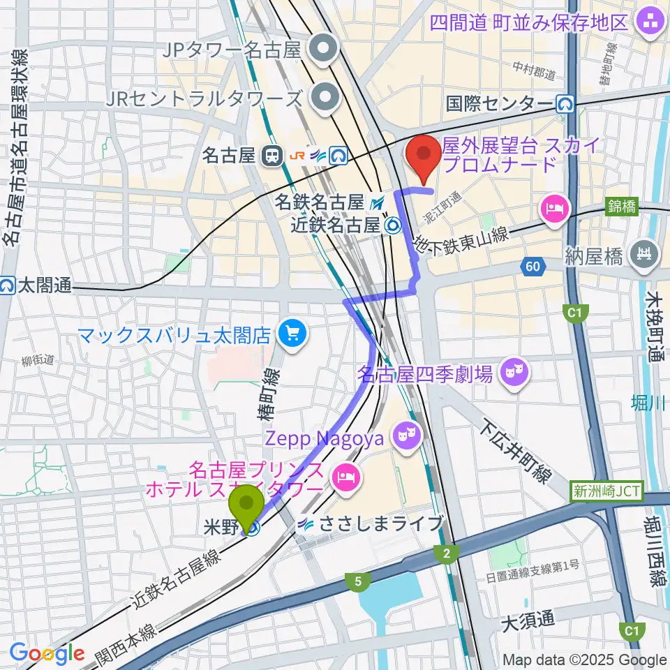 米野駅からミッドランドスクエアシネマへのルートマップ地図