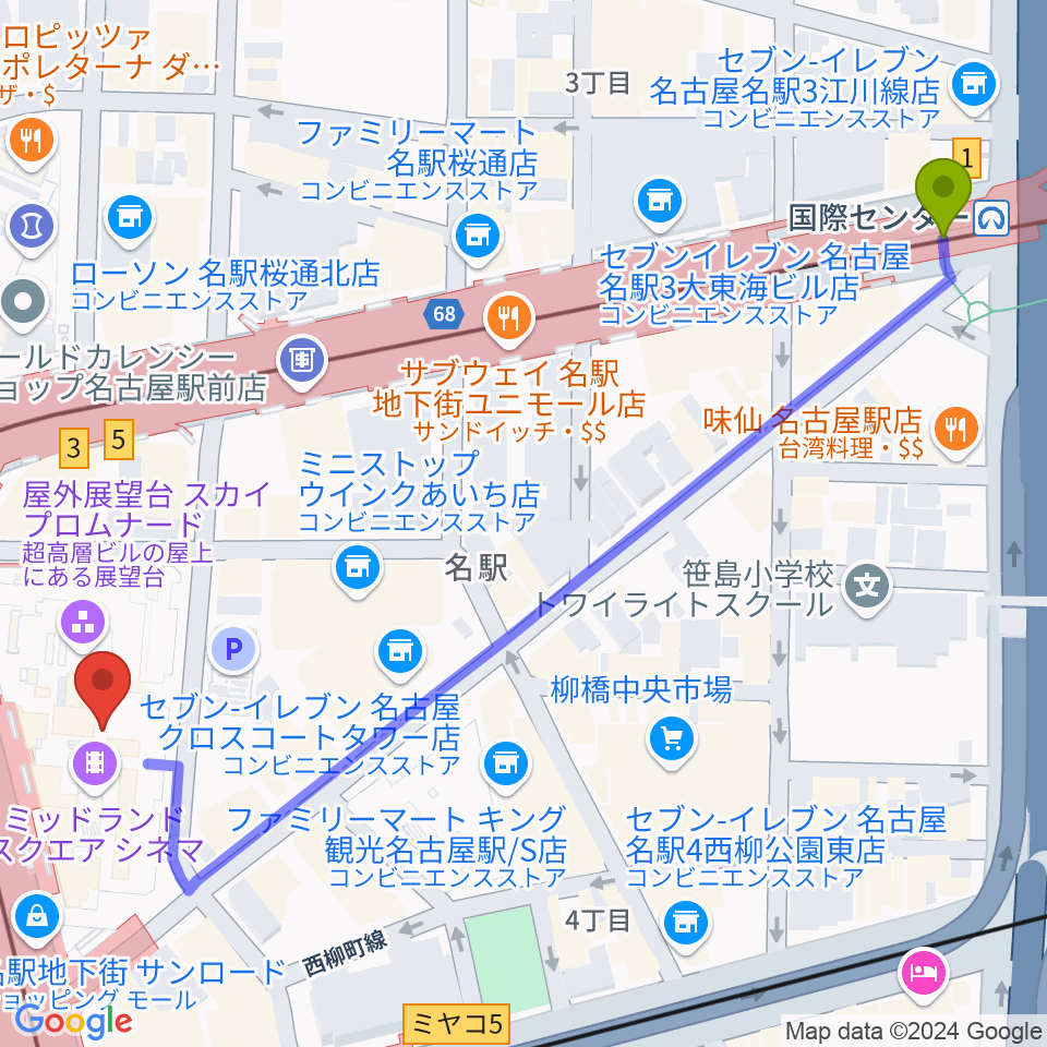 国際センター駅からミッドランドスクエアシネマへのルートマップ地図