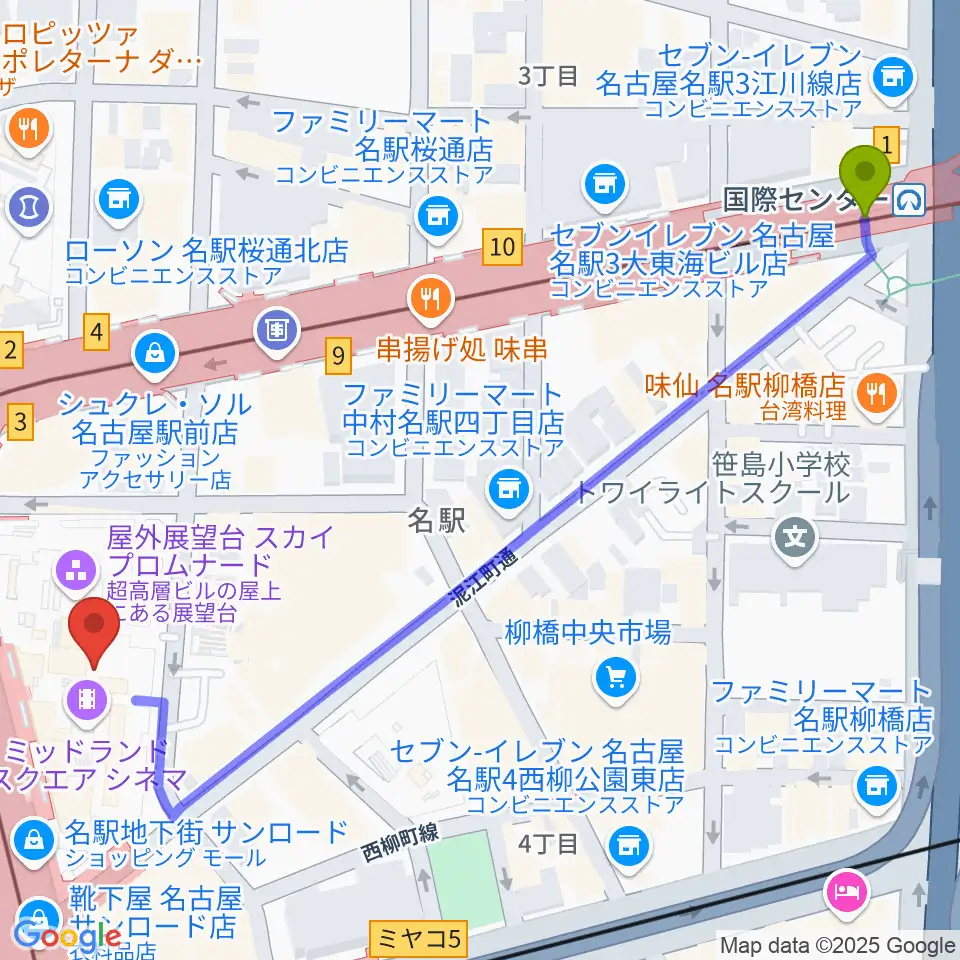 国際センター駅からミッドランドスクエアシネマへのルートマップ地図