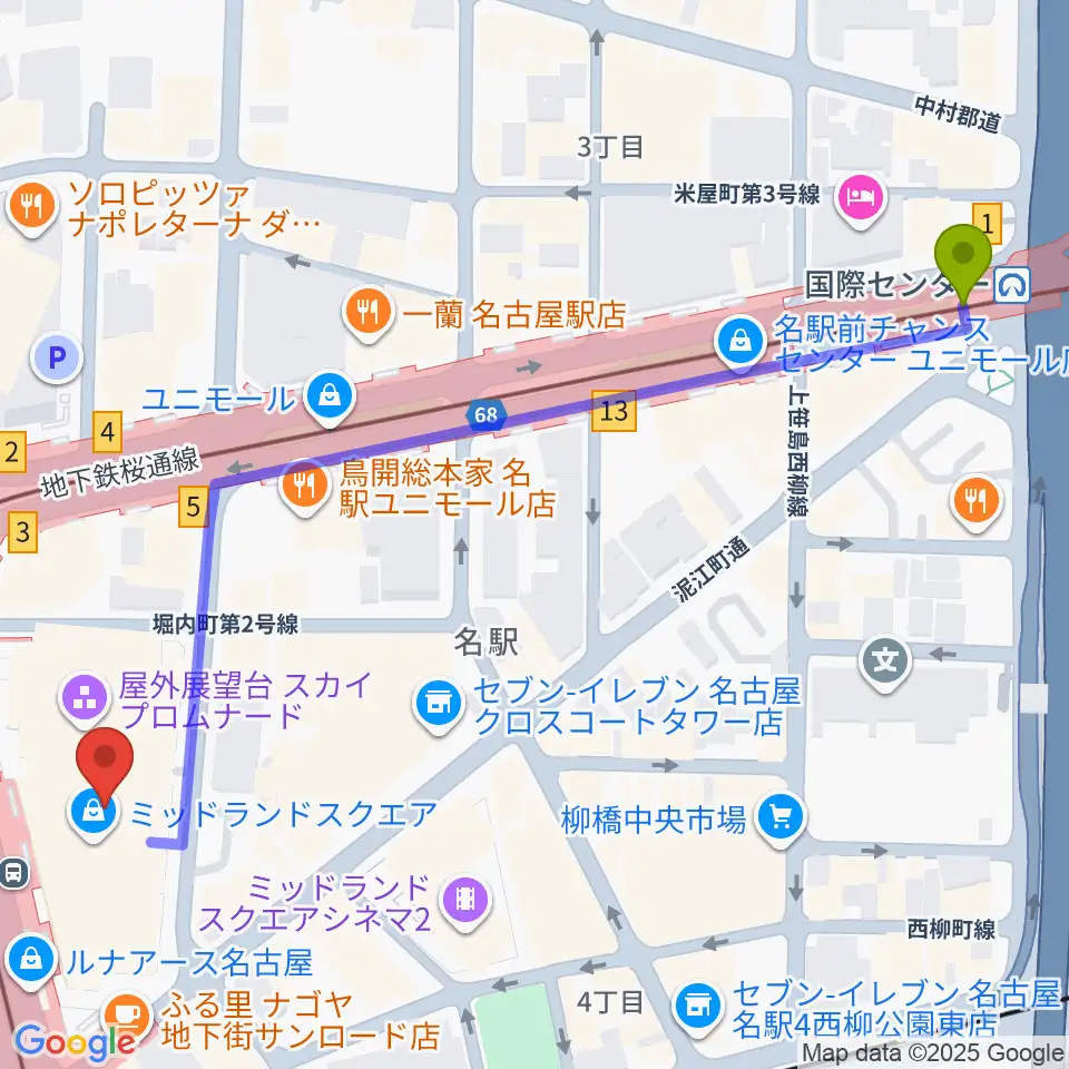 国際センター駅からミッドランドスクエアシネマへのルートマップ地図