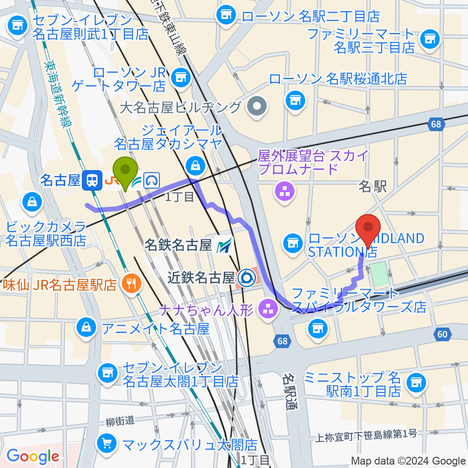 名古屋駅からミッドランドスクエアシネマ2へのルートマップ地図