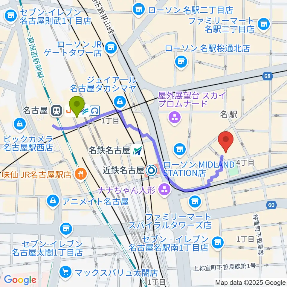 名古屋駅からミッドランドスクエアシネマ2へのルートマップ地図