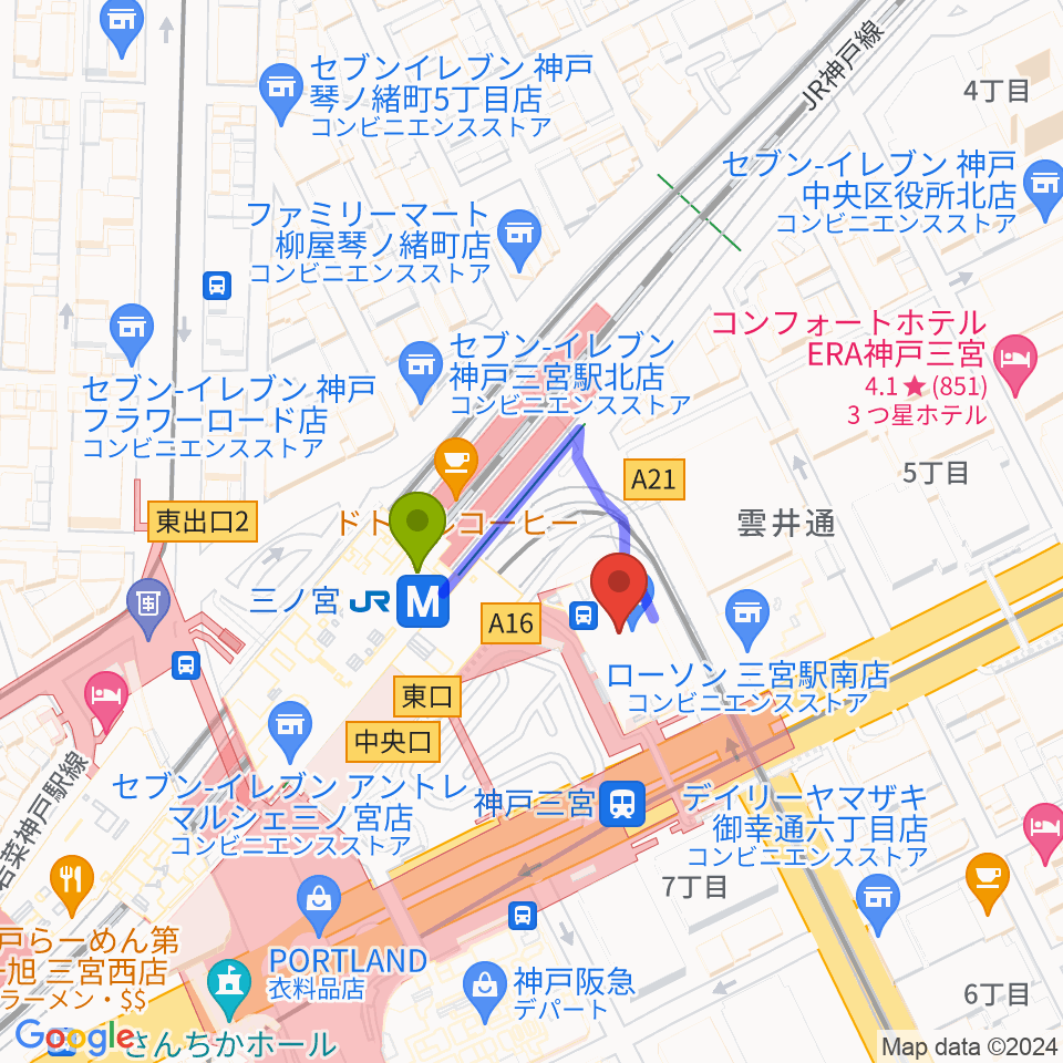 OSシネマズミント神戸の最寄駅三ノ宮駅からの徒歩ルート（約2分）地図