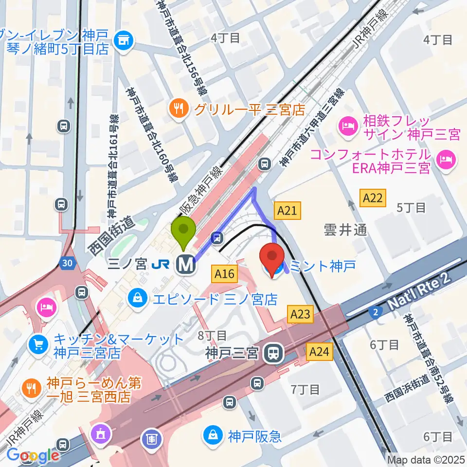 OSシネマズミント神戸の最寄駅三ノ宮駅からの徒歩ルート（約2分）地図