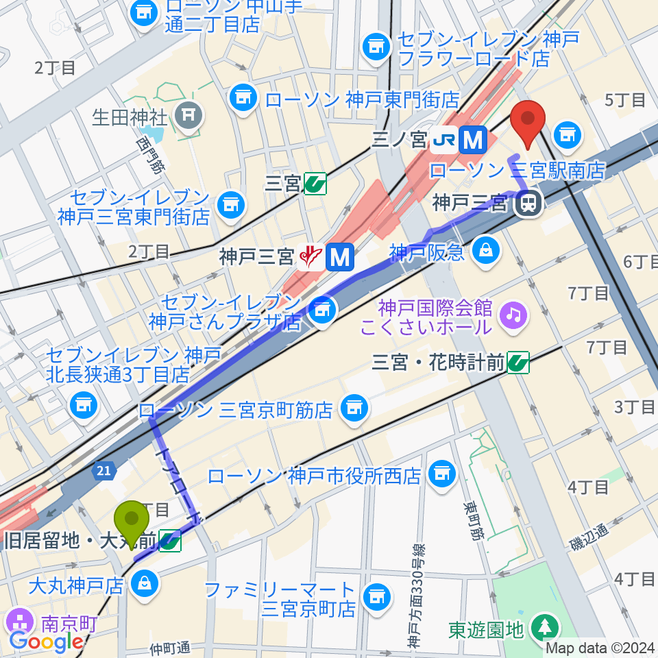 旧居留地・大丸前駅からOSシネマズミント神戸へのルートマップ地図