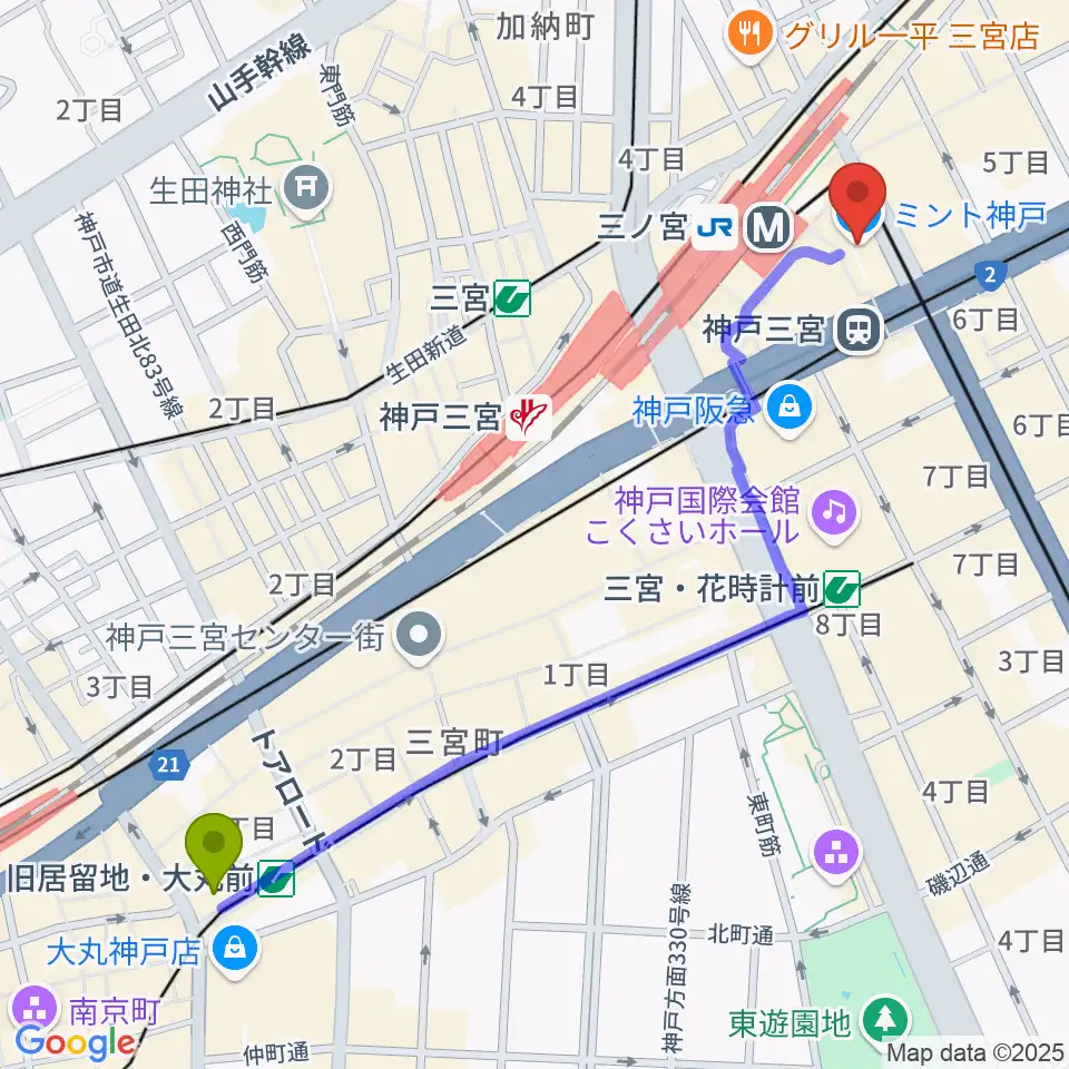 旧居留地・大丸前駅からOSシネマズミント神戸へのルートマップ地図