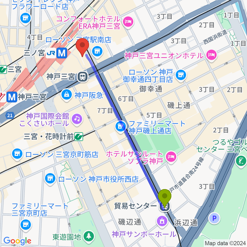 貿易センター駅からOSシネマズミント神戸へのルートマップ地図