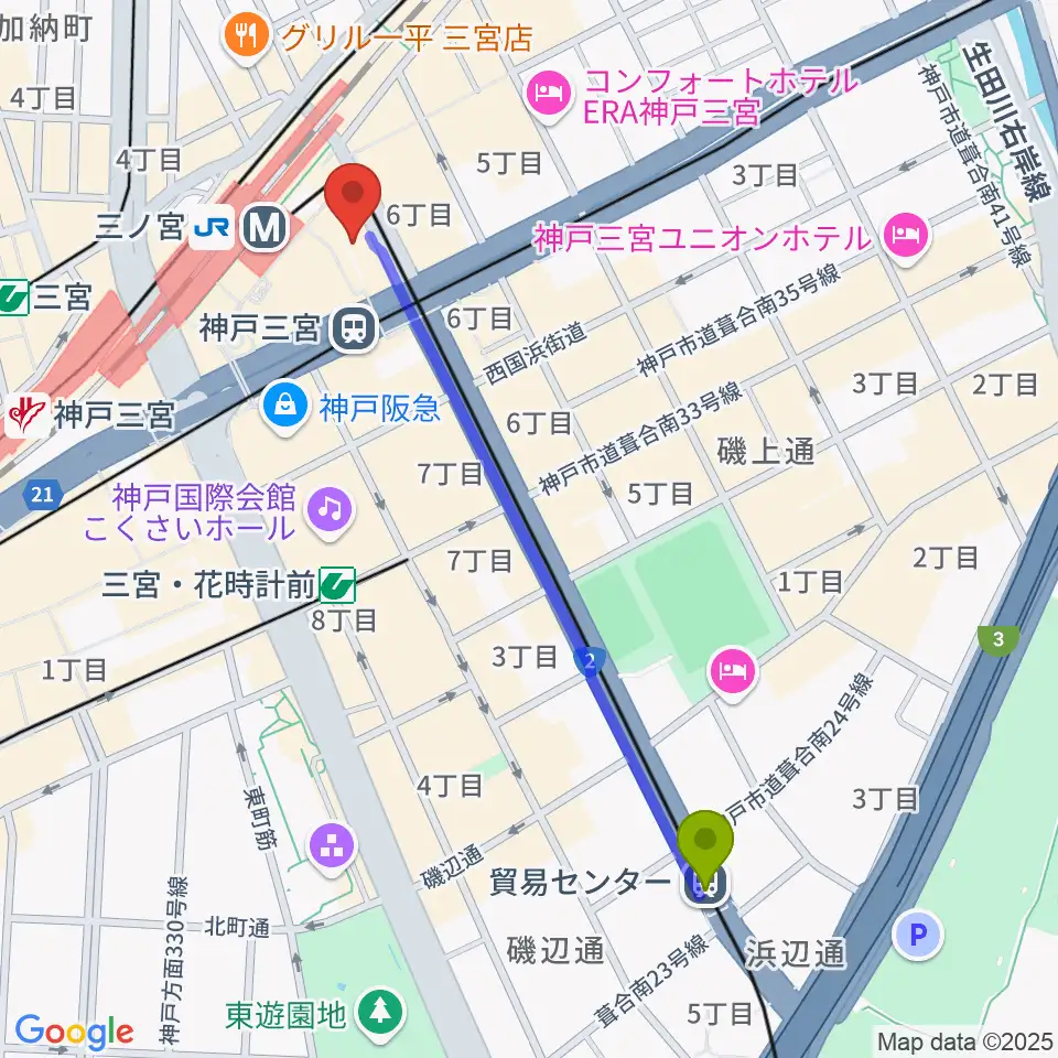 貿易センター駅からOSシネマズミント神戸へのルートマップ地図