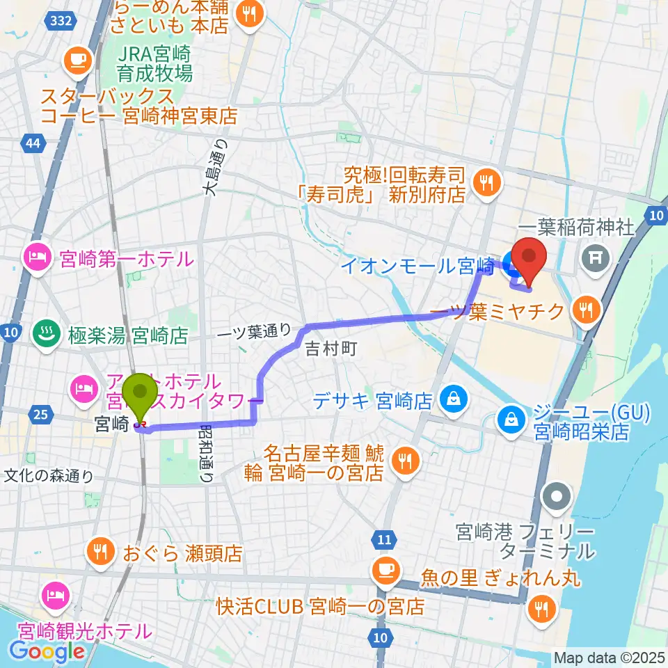 セントラルシネマ宮崎の最寄駅宮崎駅からの徒歩ルート（約40分）地図