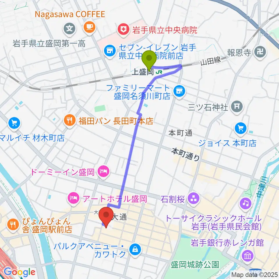 上盛岡駅からフォーラム盛岡へのルートマップ地図