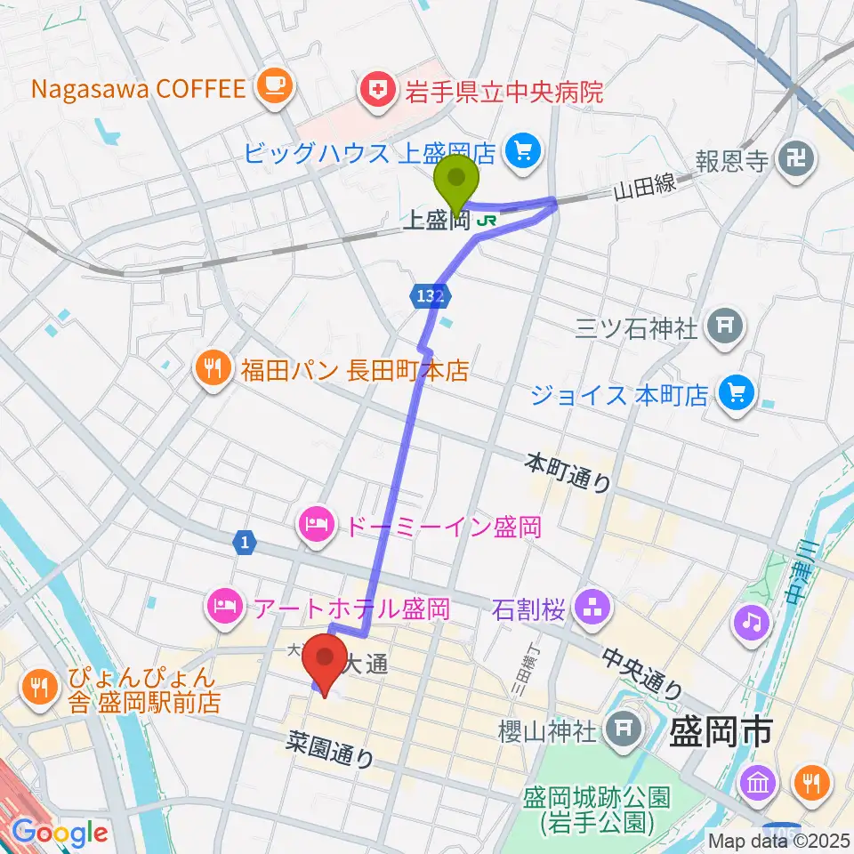 上盛岡駅からフォーラム盛岡へのルートマップ地図