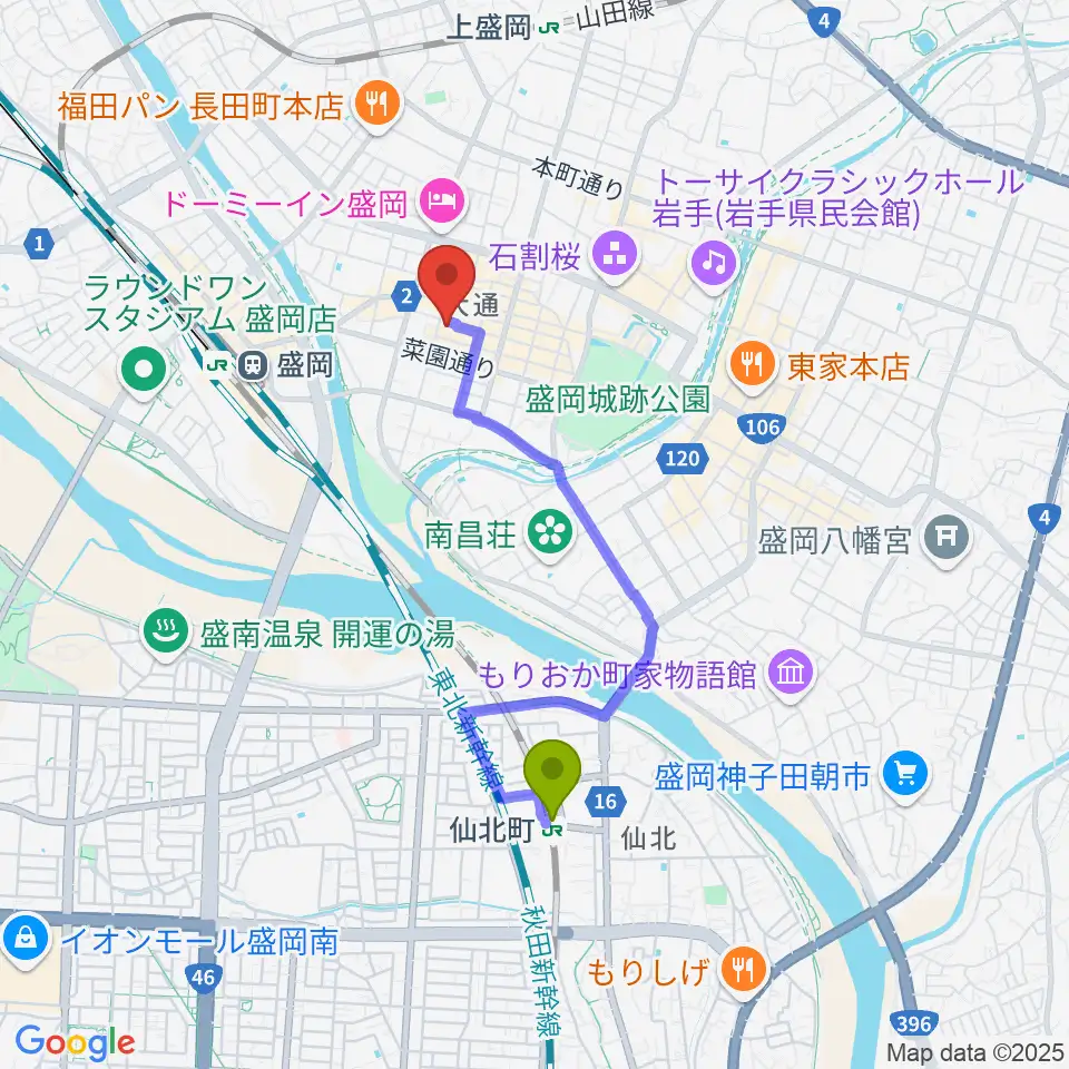 仙北町駅からフォーラム盛岡へのルートマップ地図