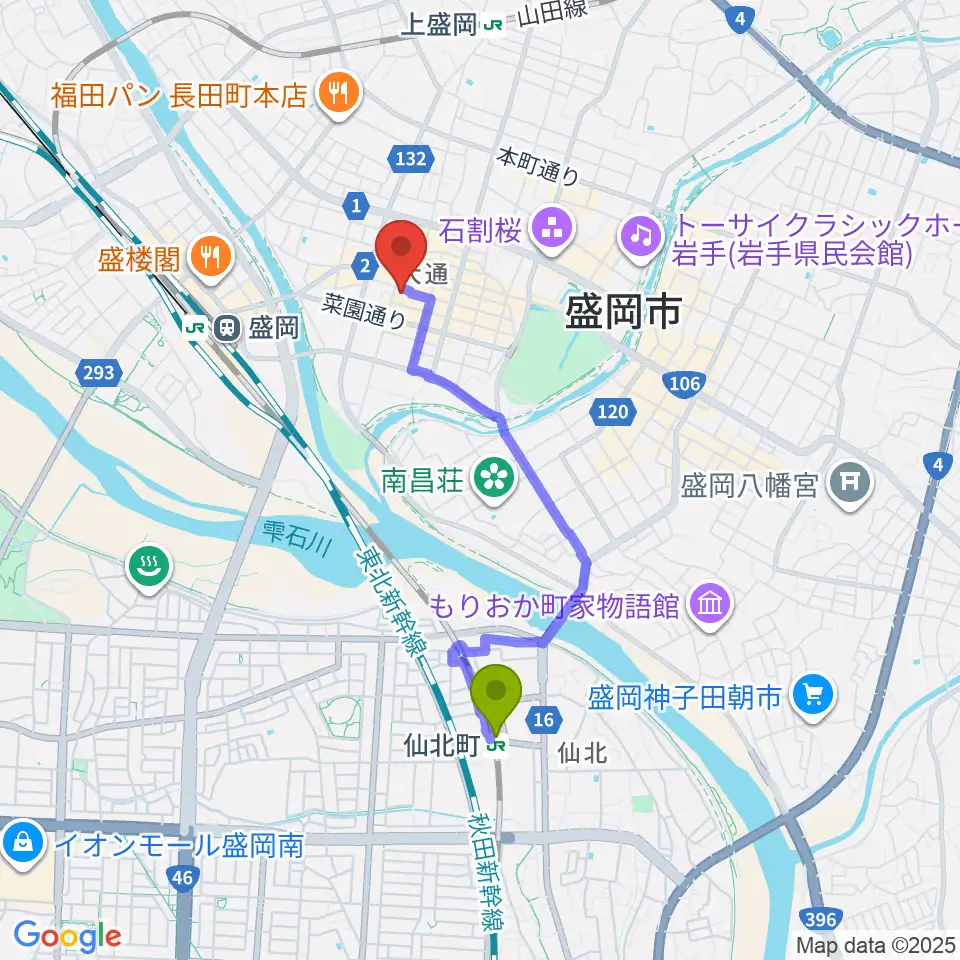 仙北町駅からフォーラム盛岡へのルートマップ地図