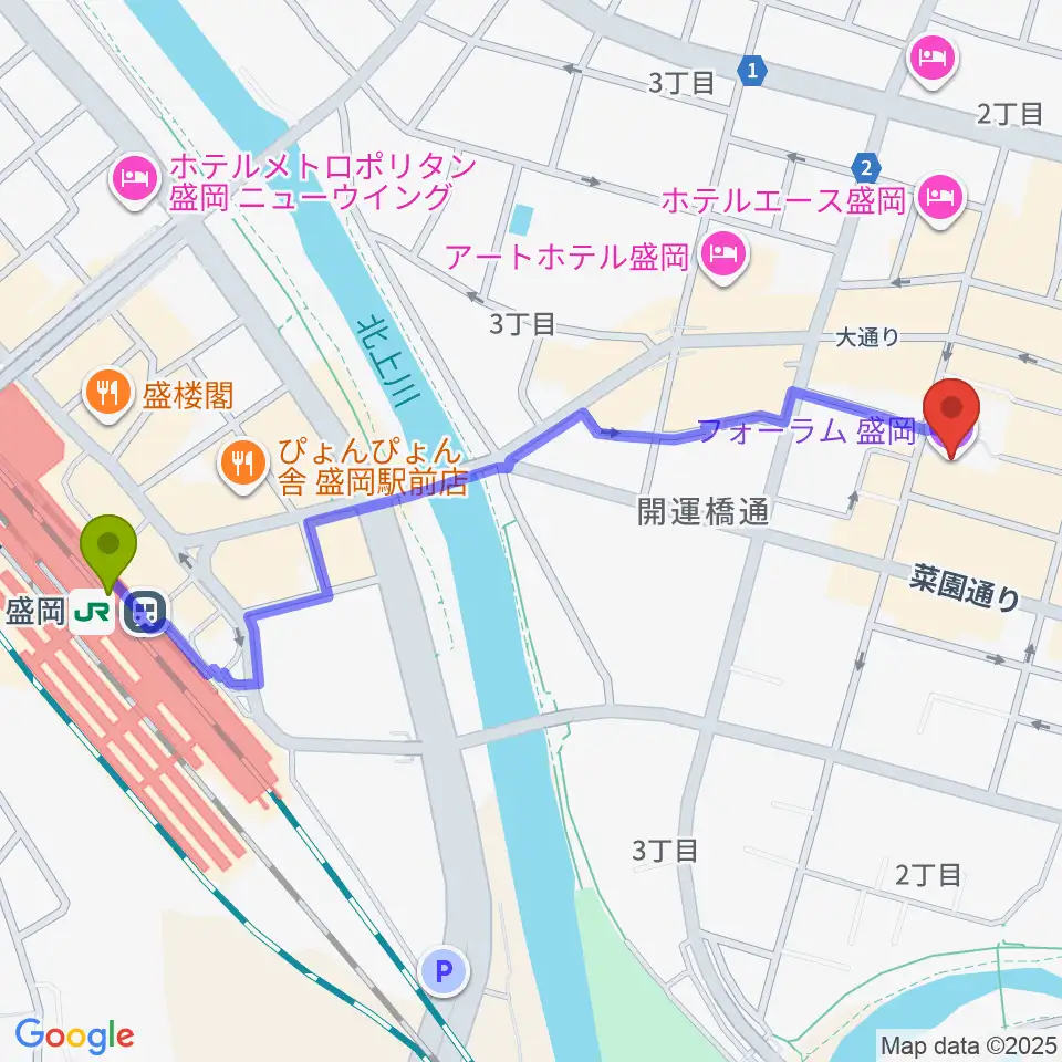 フォーラム盛岡の最寄駅盛岡駅からの徒歩ルート（約12分）地図