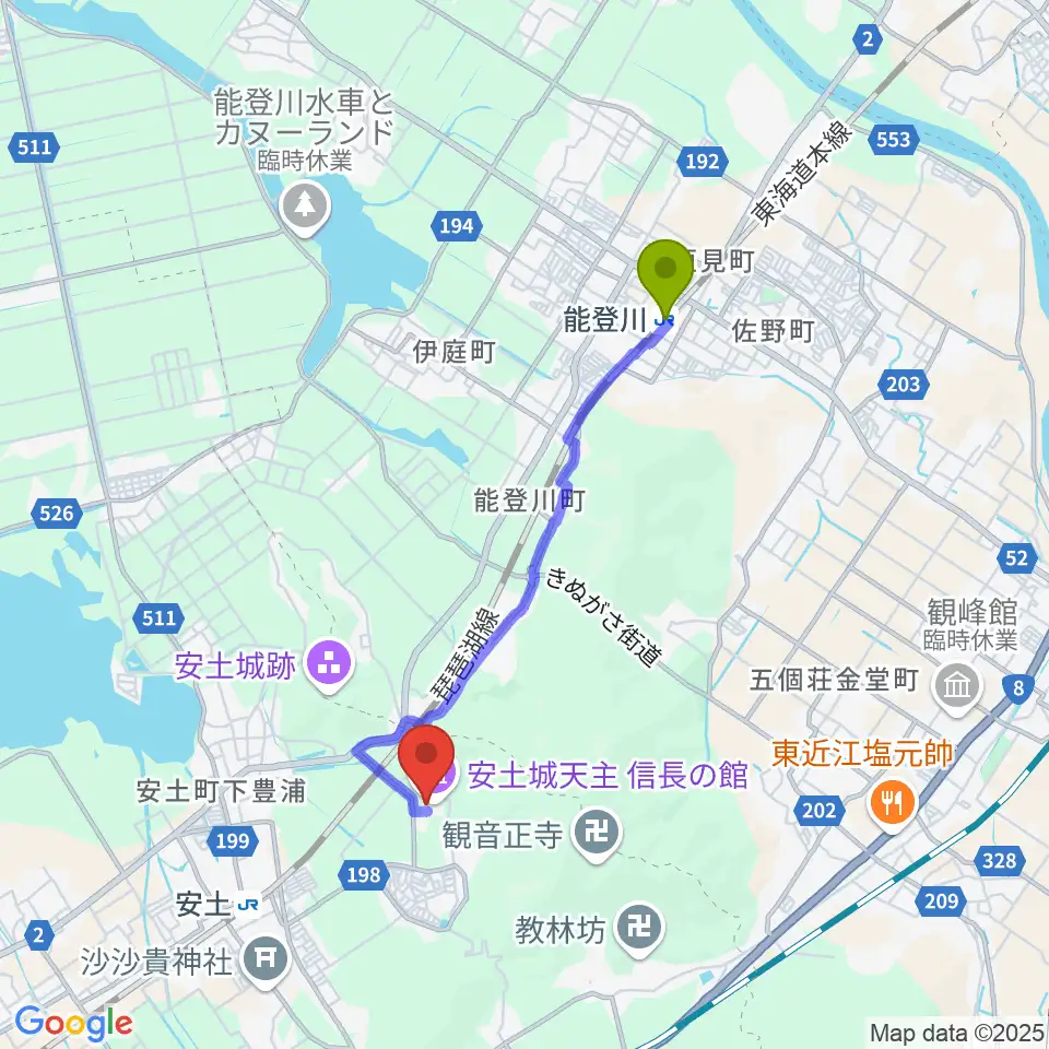 能登川駅から文芸セミナリヨへのルートマップ地図