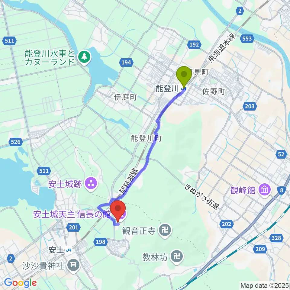 能登川駅から文芸セミナリヨへのルートマップ地図