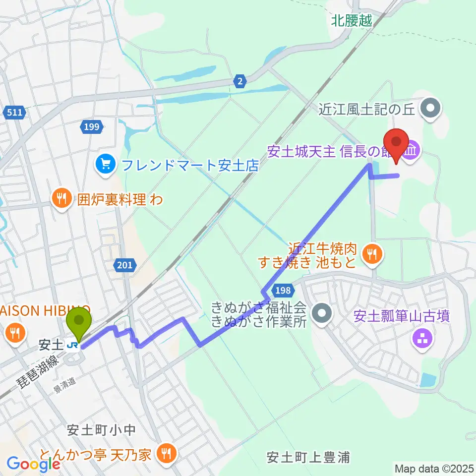 文芸セミナリヨの最寄駅安土駅からの徒歩ルート（約24分）地図