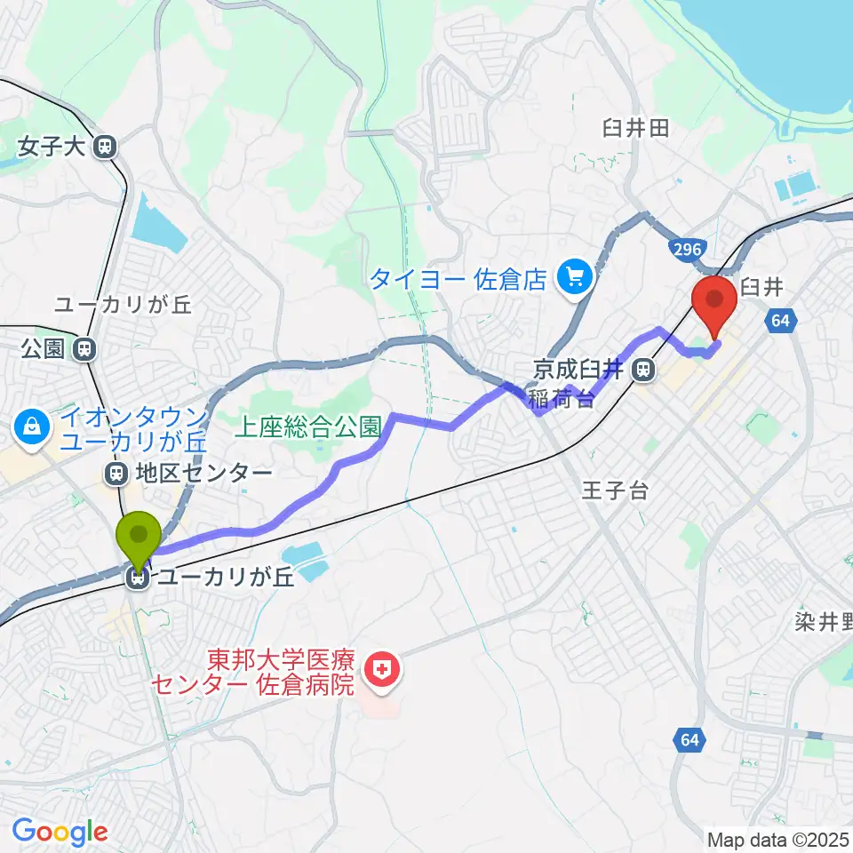 ユーカリが丘駅から佐倉ハーモニーホールへのルートマップ地図