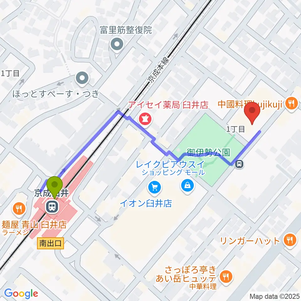 佐倉ハーモニーホールの最寄駅京成臼井駅からの徒歩ルート（約5分）地図