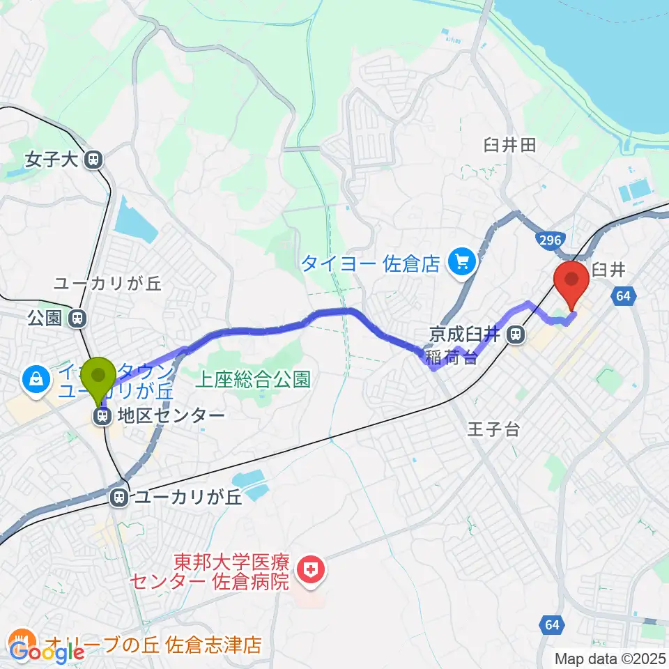 地区センター駅から佐倉ハーモニーホールへのルートマップ地図