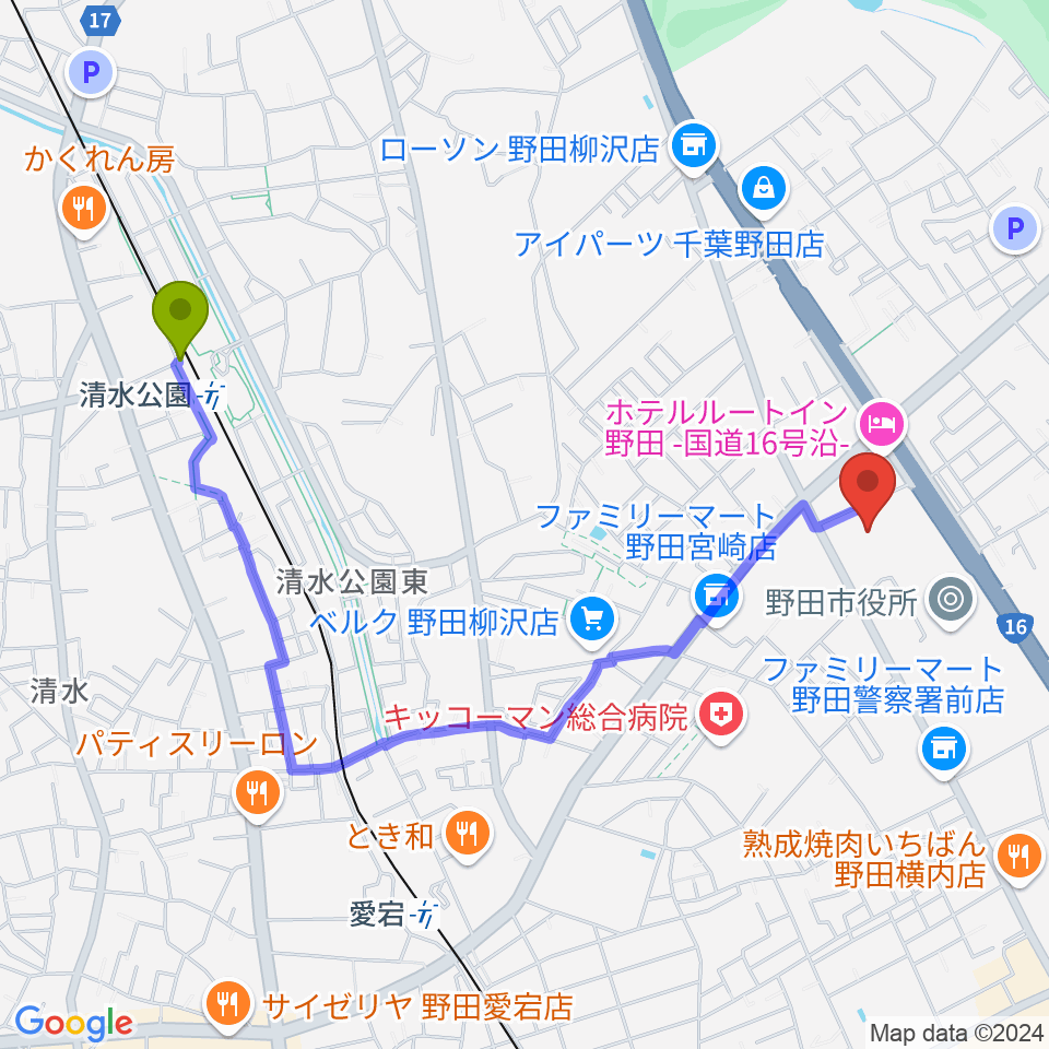 清水公園駅から野田ガスホールへのルートマップ地図