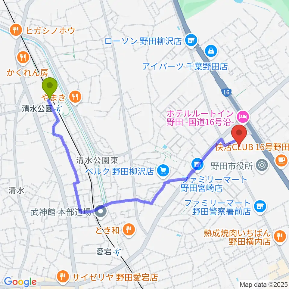 清水公園駅から野田ガスホールへのルートマップ地図