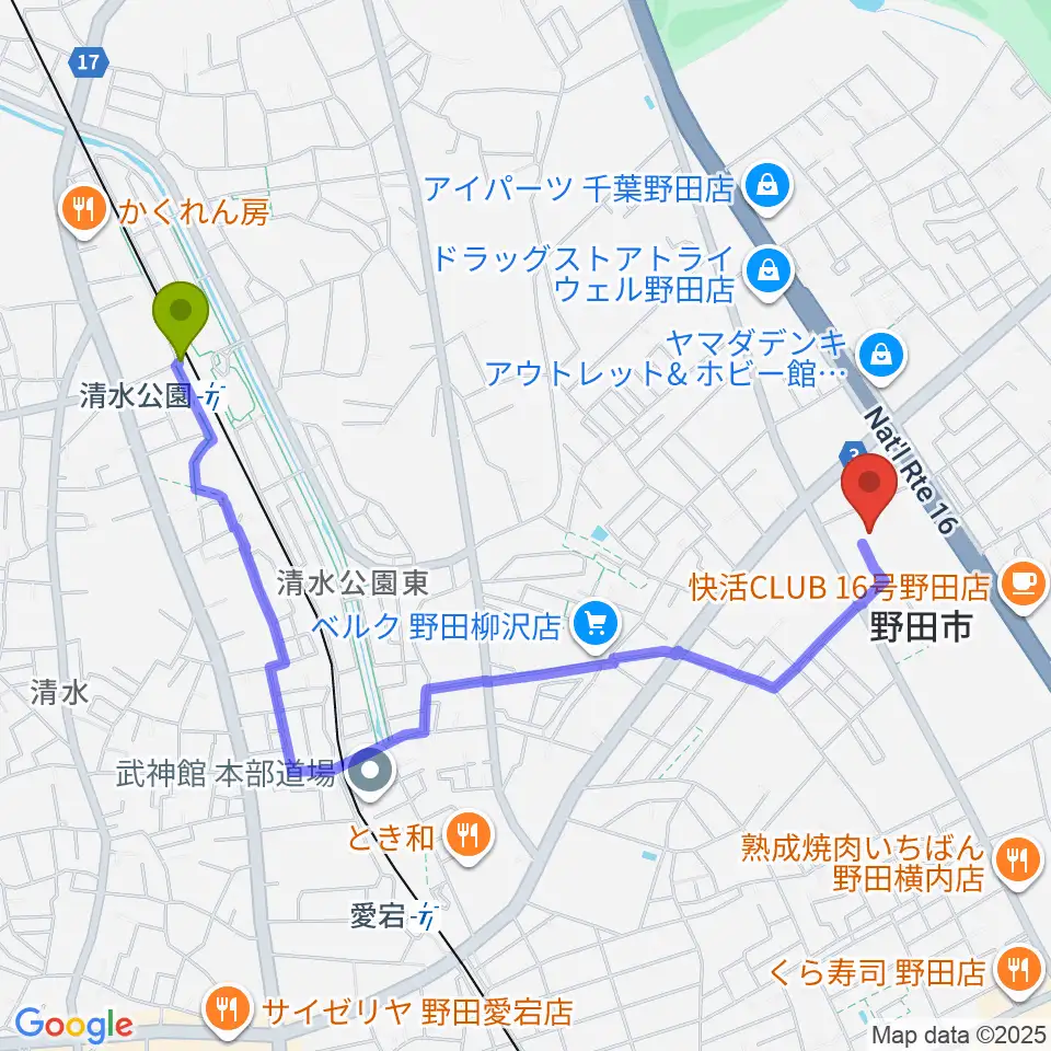 清水公園駅から野田ガスホールへのルートマップ地図