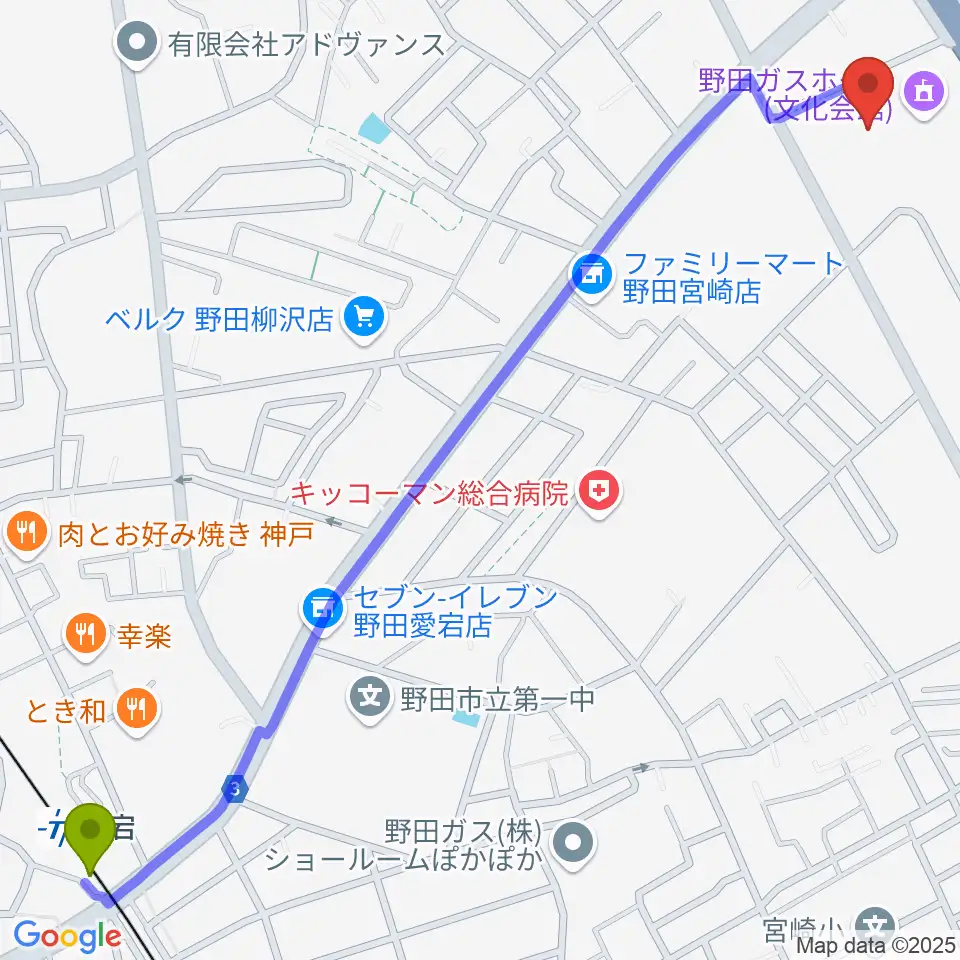 野田ガスホールの最寄駅愛宕駅からの徒歩ルート（約17分）地図