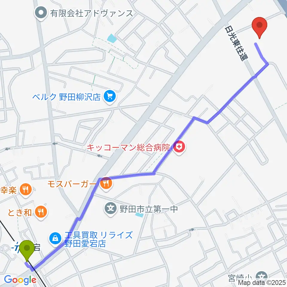 野田ガスホールの最寄駅愛宕駅からの徒歩ルート（約17分）地図