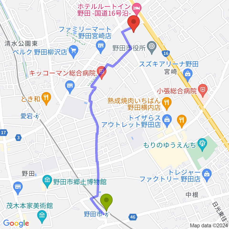 野田市駅から野田ガスホールへのルートマップ地図