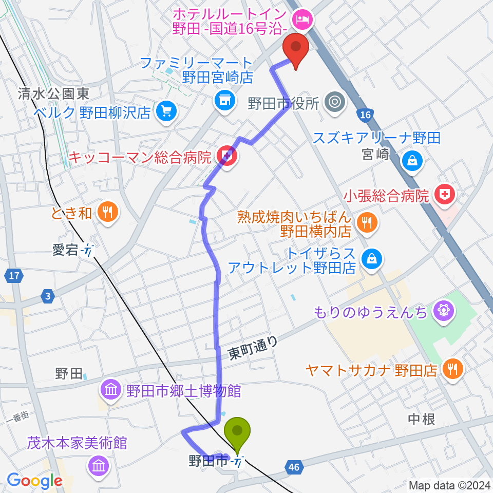 野田市駅から野田ガスホールへのルートマップ地図