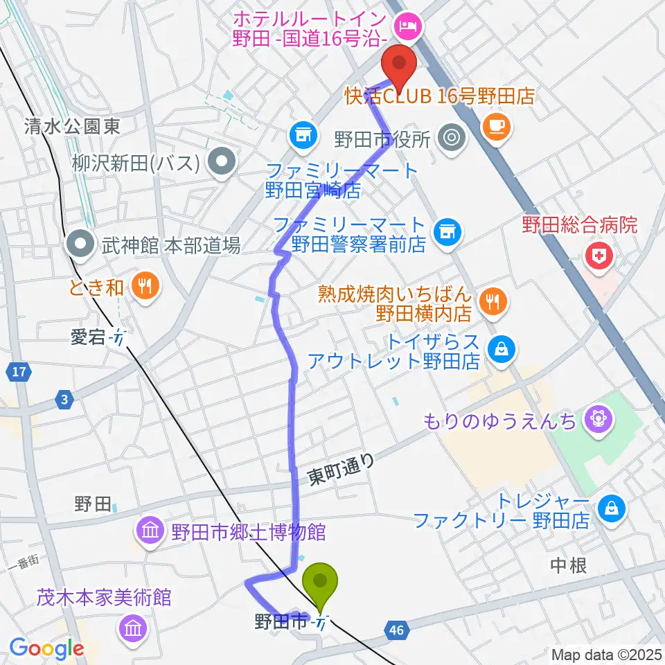 野田市駅から野田ガスホールへのルートマップ地図