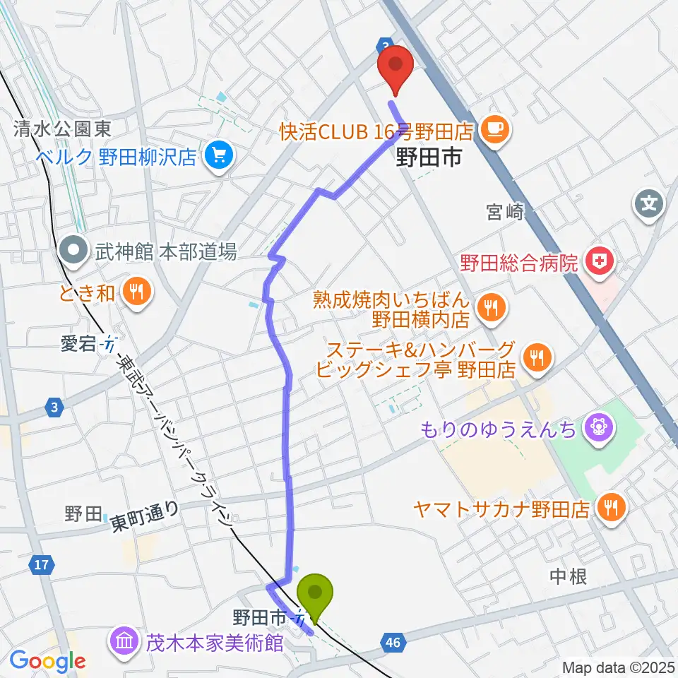 野田市駅から野田ガスホールへのルートマップ地図