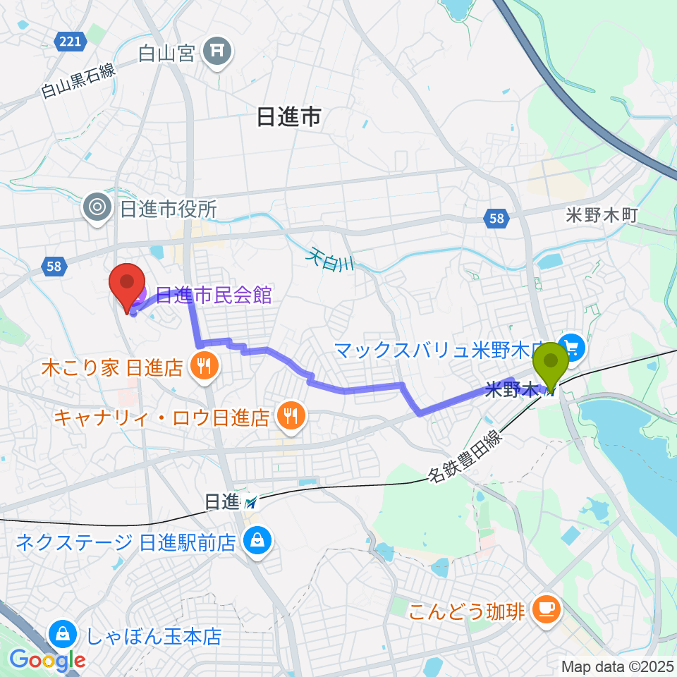 米野木駅から日進市民会館へのルートマップ地図