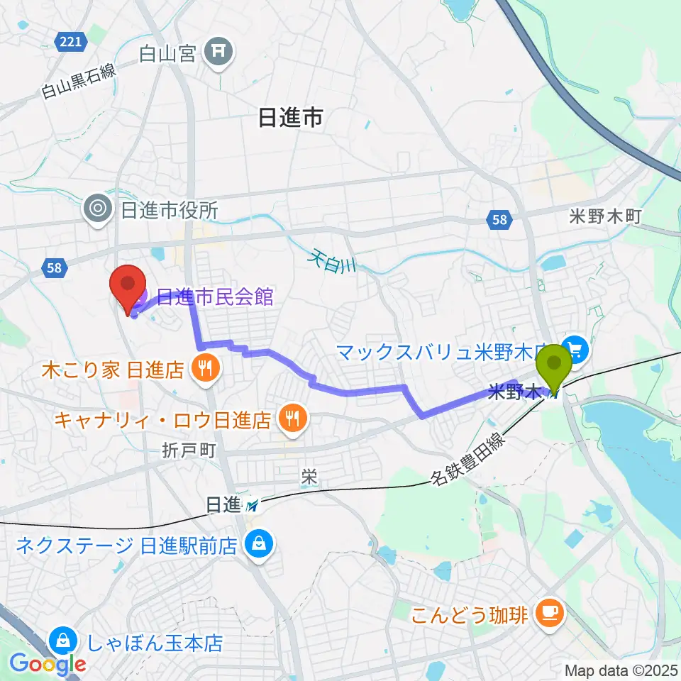 米野木駅から日進市民会館へのルートマップ地図