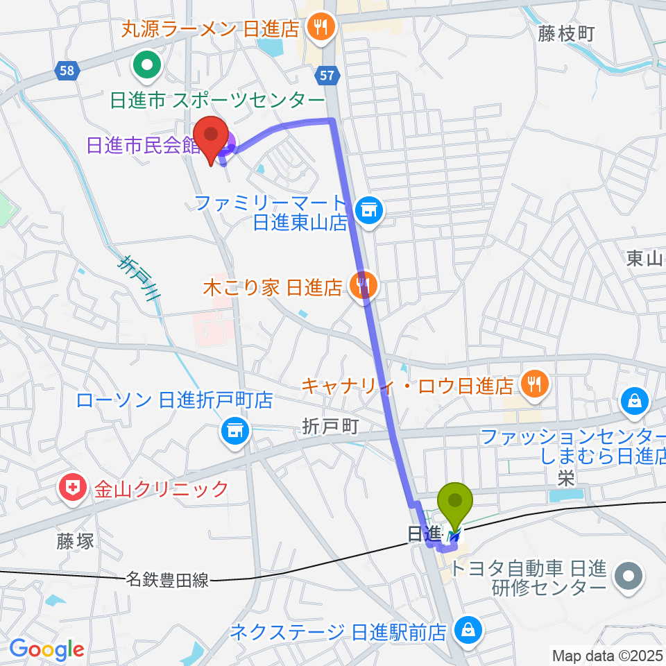 日進市民会館の最寄駅日進駅からの徒歩ルート（約21分）地図