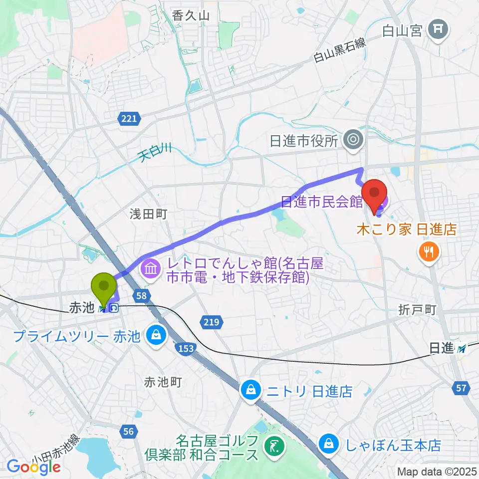 赤池駅から日進市民会館へのルートマップ地図